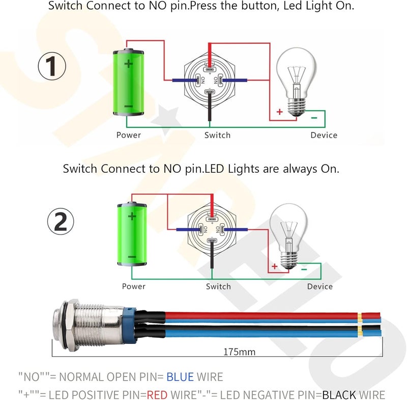STARELO 5PCS 12mm Latching LED Push Button Switch Mini Round Silver Shell with Pre-Wired, Power Mark Logo, IP65 Waterproof Push Button Switch, 1NO 1 Normally, Self Latching (Blue) with LED. - Image 4
